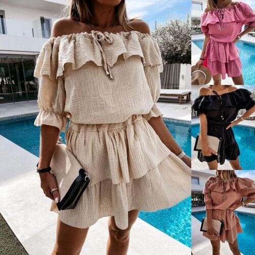 Women Dress Sexy Off Shoulder Short Sleeves Solid Color Ruffle V Neck Tie-up Summer Party Mini Dress High Waist Female Vestidos