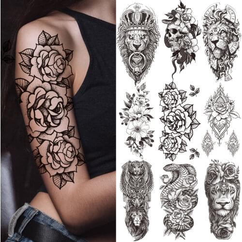 Realistic Rose Flower Temporary Tattoos For Women Girls Henna Fake Lion Tattoo Sticker Snake Skeleton Body Art Tatoos Armband