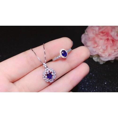 The best gift for Anniversary Real Natural Sapphire jewelry set Natural Real Sapphire 925 sterling silver 1pc pendant,1pc ring