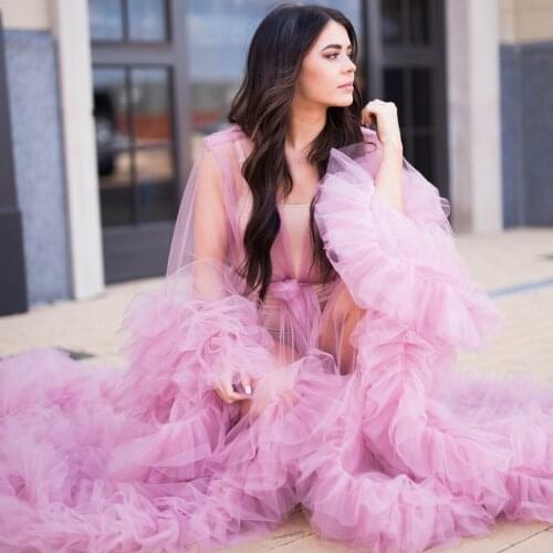 Unique Evening Dresses Robes for Photoshoot or baby shower Custom Made Tulle Maternity Robes Women Fluffy Tiered Robe