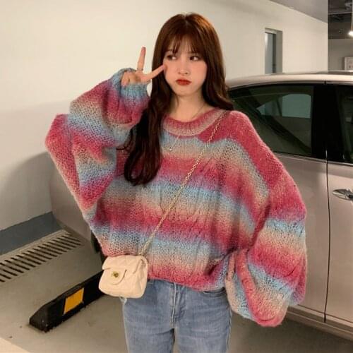 Lantern Long Sleeve Knitted Jumper Ladies Sweaters O Neck Loose Tops Autumn Swetry Damskie Rainbow Pullover Fashion Sweater