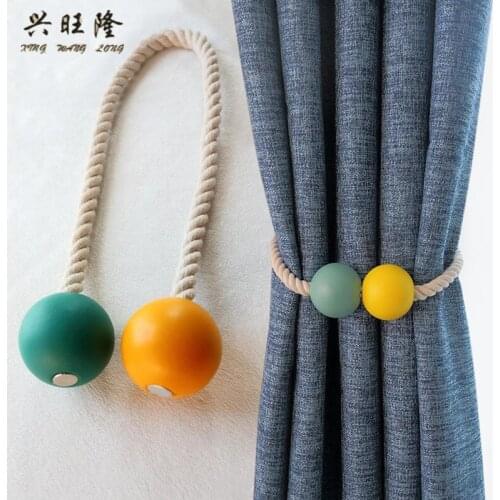 XWL 2Pcs Wood Ball Magnetic Curtain Tieback Hanging Bind Ropes Belt Tie Back Curtain Accessory Curtain Holder Clasp Home Decor