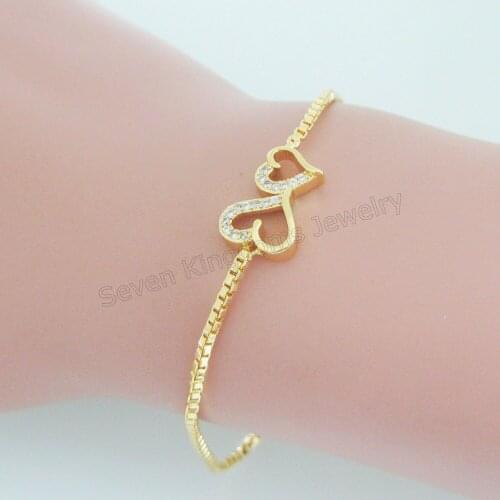 Order 10$ GET FREE SHIPPING/ DOUBLE HEART PATTERN MICRO INLAY CZ STONE BRACELET 6.9+1.6" - YELLOW GOLD COLOR BRACELET