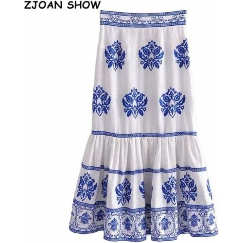 2021 Bohemian Blue White Floral Embroidery Skirt Stitching Ruched Ruffle Hem Hippie Women Long Skirts Holiday Beach