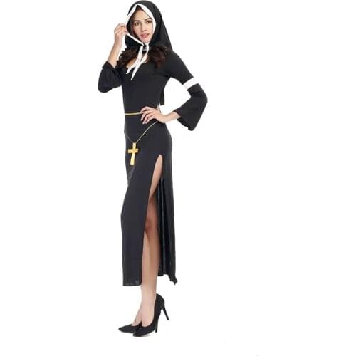 Adult Women Sexy Halloween Nun Sister Costume Religion Christian Black Erotic Side Split Dress Jesus Christ Outfit For Ladies