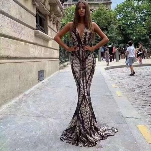 2019 New Arrival Fashion Sequin Long Dress Women Sleeveless V Neck Sequin Bodycon Snake Dress Celebrity Evening Party Vestidos