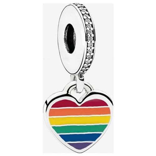 100% 925 Sterling Silver Jewelry Rainbow Pride Dangle Charms heart Charm Fit Beads Bracelets Pendant Necklaces DIY For Women