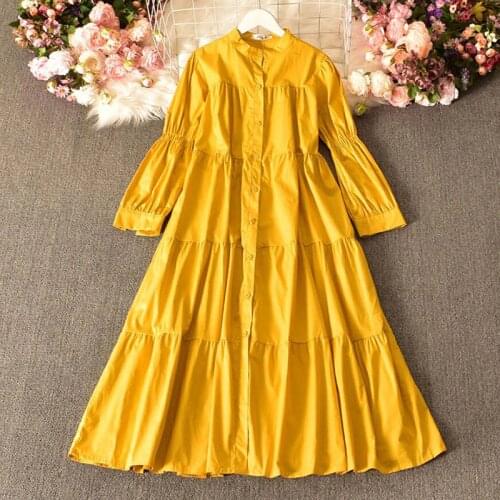 Women Spring Solid color Basic Dresses Stand collar Loose Vintage Dress Buttons Oversized Long Dress Long sleeve Casual Vestidos
