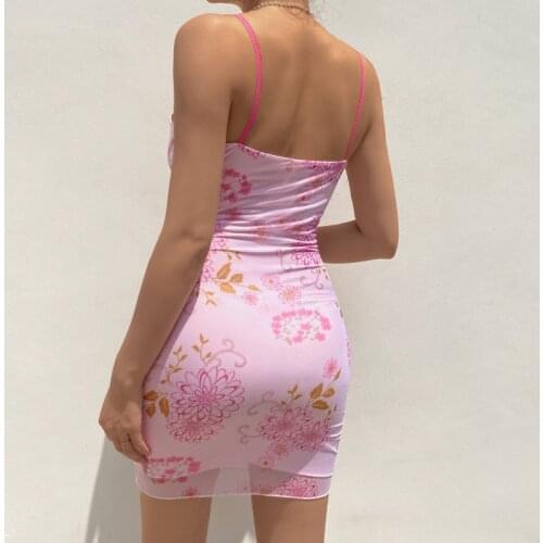Pink Floral Evening Party Dress Y2k Bodycon Backless Sexy Women Dress Vintage Mini Dress Beach Double Layer Elagant Sundress