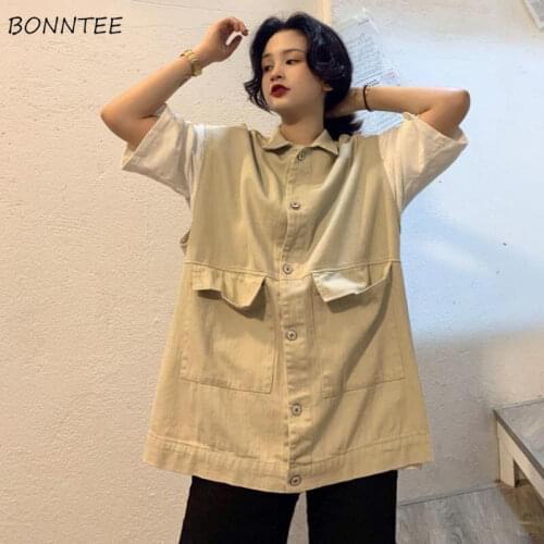 Vests Women Harajuku Baggy Trendy Turn-down Collar All-match Single Breasted Pockets Ulzzang Cargo Simple Solid Couple New Fall