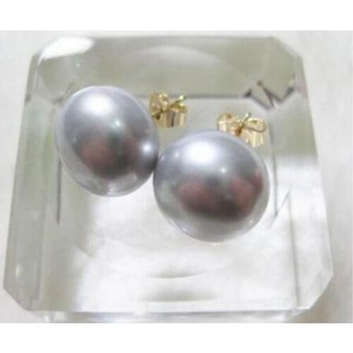 Free shipping Gorgeous AAA 11-12mm south sea gray natural pearl earring 14k/20 yellow gold