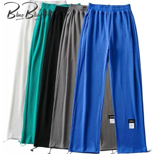BlingBlingee Texture Fabric Drawcord Elastic High Waist Loose Women Straight Pants Patches Folds Front Female Joggers 2021
