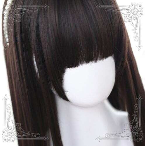 Long Straight Female Lolita Wig Brown-Black Bangs Princess Cut Wigs Heat Resistant For Women Cosplay Party