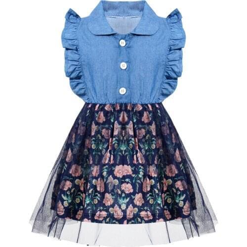Girls Denim Floral Dress Summer Party Dress Children Flying Sleeve Casual Clothing Baby Girl Princess Dresses For Kids 3-10 Year