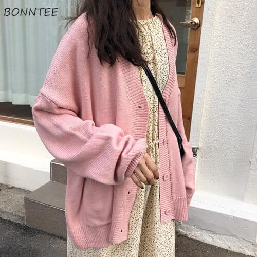 Cardigan Women Solid Simple Basic Sweater Kawaii Preppy Style Casual Long Sleeve V-neck Loose Plus Size 2XL All-match Autumn Hot