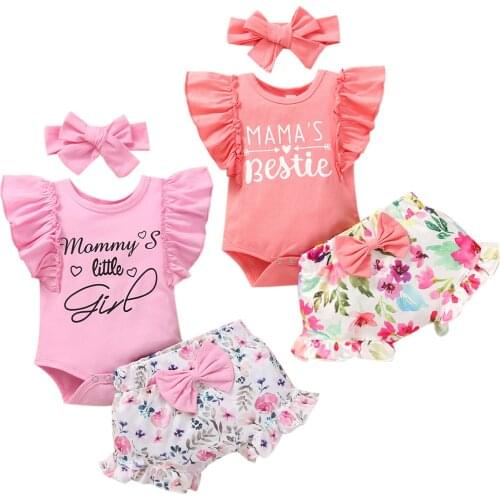Newborn Baby Girls 3Pcs Clothes Set Letter Print Flying Sleeve Romper+Floral Print Shorts+Bow-knot Headband Infant Outfit