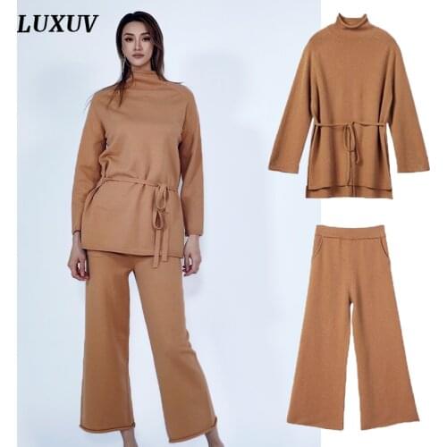 LUXUV Womens Tracksuit Knitwear Suit Pants 2 Piece Sets Outfits Office Sweatshirt Oversize Belt Jacket Trousers Pullover