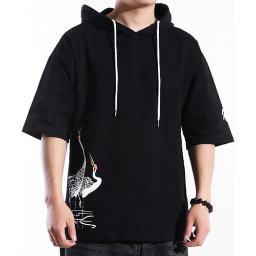 Men Hooded T Shirt Solid Half Sleeve Loose High Quality Casual Chinese Style T-Shirts Men Vintage Cotton Hanfu Men S-5Xl 10692