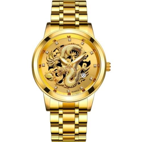 Yolako Brand Calendar Alloy Steel Band Mens Watch Chinese Dragon Yellow Gold Relief Square Drill Steel Band Watch