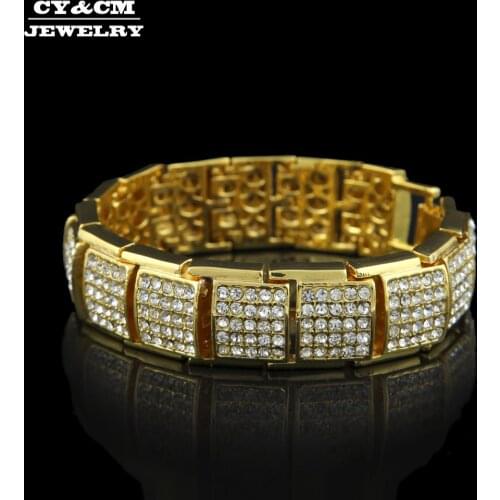 17mm Hip Hop Men Bracelet Bling Punk Jewelry Iced Out Full Rhinestone Crystal Gold Silver Color Bangle Bracelets for Women 21cm
