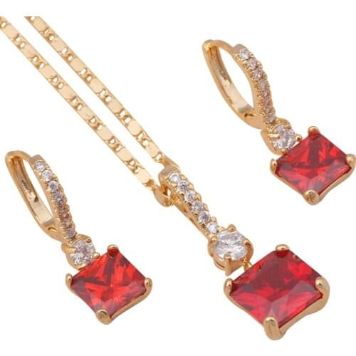 Brand designer Garnet jewelry sets Square shape Earrings Necklace gold color Red Crystal Fashion Jewelry JS538A