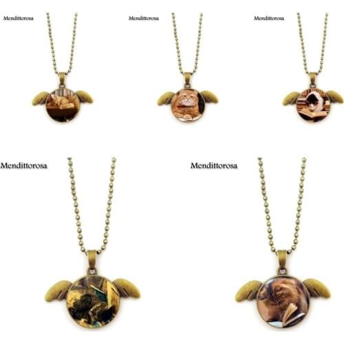 Mendittorosa Brand Necklace Bronze Angel Wings Pendant Glass Necklace For Women Books and Cat