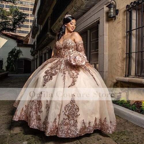 Rose Gold Sparkly Ball Gown Quinceanera Dresses Detachable Sleeves Sweetheart Sequines Applique Sweet 16 Dress Party Wear