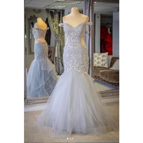 Light Blue Appliques Prom Dresses Mermaid Off Shoulder Formal Evening Dress Sleeveless Party Dress Robe De Soiree