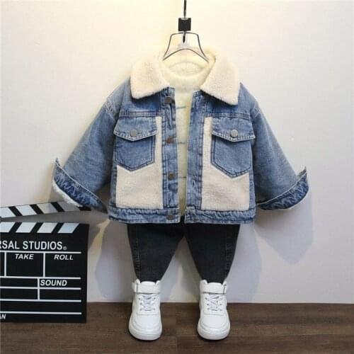 Boys Plus Velvet Thick Denim Jacket Winter Baby Fall/winter Clothes Fashionable Jacket Children Foreign Style Boy Handsome