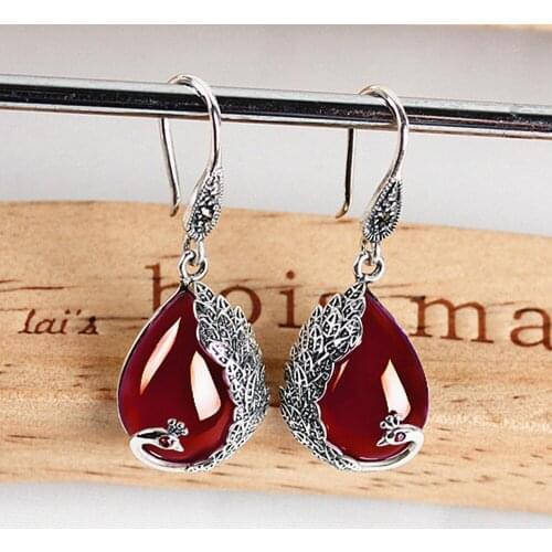 VINTAGE CARVING RED JADE RUBY GEMSTONES DROP EARRINGS FOR WOMEN THAI SILVER COLOR JEWELRY BIJOUX BRINCOS PARTY ACCESSORIES GIFTS