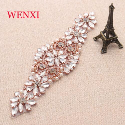 WENXI (1 pcs) Handmade Rose Gold Crystal Rhinestones Appliques Sewing On For Wedding Dress Sash Accessory WX824