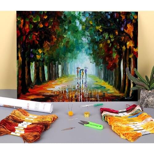 Bright Rain Printed Fabric 11CT Cross-Stitch Embroidery Complete Kit DMC Threads Needlework Sewing Knitting Handiwork Magic