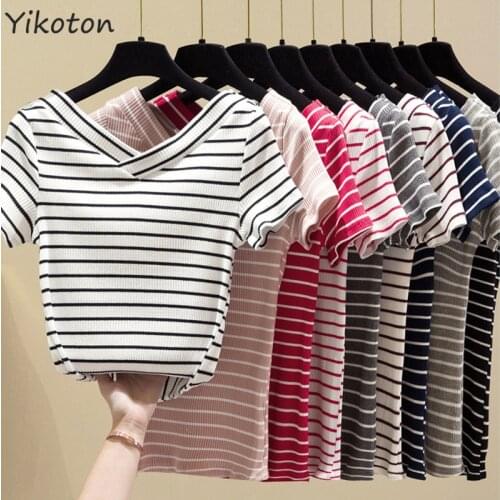 2021 Summer Women Tshirt Striped Cotton Short Sleeve T-shirt Womens clothing V-neck t shirt female Top fashion shirts Femme