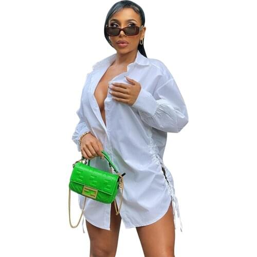 2021 Women Dress Solid Color Streetwear Bandage Hollow Out Mini Shirt Dress Turn Down Collar Clothes For Women Outfit