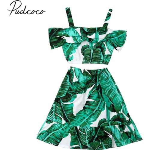 2019 Baby Summer Clothing 1-5Y Leaves Fashion Toddler Kids Baby Girl Off Shoulder T-shirt Tops+Ruffles Skirt 2Pcs Outfit Sets