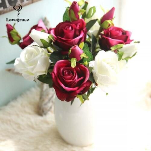 3 Heads Small Rose Artificial Flowers Fake Roses Branch for Wedding Flower Table Road Lead Wall Backdrop Home Decor Fake Flowers