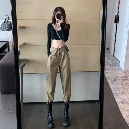 Spring/Autumn Suit Pants Womens High Waist Slimming Sense of Design Ankle Banded Pants Straight Cropped Harem Pants Overalls