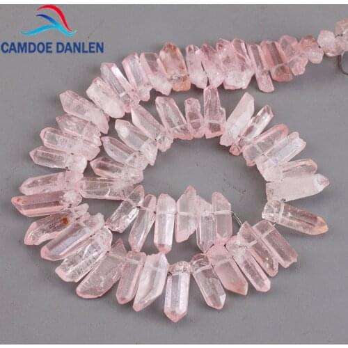 Natural Stone Rose Pink Crystal Quartz Pillar Top Drilled Point Beads 15" Strand Raw Crystal Stick pendants Jewelry Making