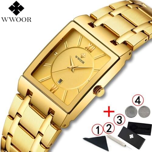 WWOOR Mens Watches Top Brand Luxury Business Golden Wristwatch Mens Square Quartz Gold Watches Man Relogio Masculino 2021