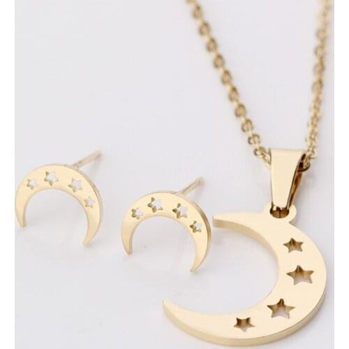 SUQI Simple Women Crescent Moon Star Hollow Out Pendant Stainless Steel Necklace Choker Collier Studs Earrings Jewelry Set Gifts