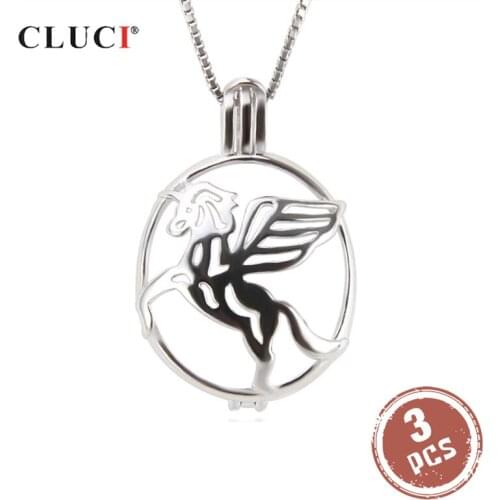 CLUCI 3pcs Silver 925 Vintage Pegasus Pendant 925 Sterling Silver Cage Pendants For Necklace Making Pearl Locket Jewelry SC273SB