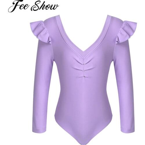 Kids Girls Pure Color V Neck Ruffle Long Sleeve Ballet Leotard Gymnastics Leotard Dance Bodysuit Jumpsuit Ballerina Dancewear