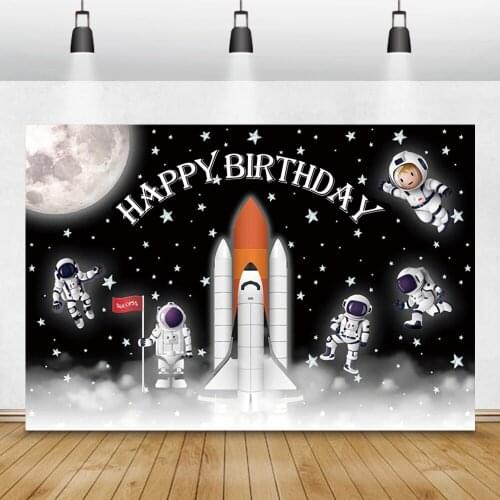 Laeacco Happy Birthday Photography Backdrops Starry Sky Moon Clouds Astronaut Rocket Custom Photo Backgrounds Photophone Props
