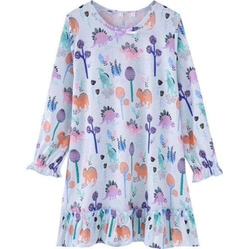 Girls Summer Long Sleeve O Neck Dinosaur Print Cotton Nigthdress Sleepwear