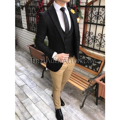 Men Suits Black and Champagne Groom Tuxedos Notch Lapel Groomsmen Wedding Best Man 3 Pieces ( Jacket+Pants+Vest+Tie ) C900