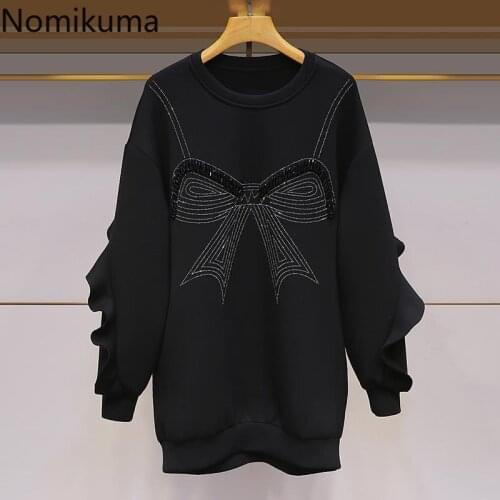 Nomikuma Korean Beads Diamonds Bowknot Pullover Sweatshirt Ruffle Patchwork Long Sleeve Hoodies Autumn Medium-long Jumper 6C726