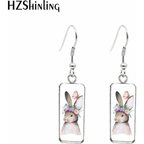 2021 New Flower with Animals Rectangular Earring Rabbit Sheep Duck Dog Fish Hook Earrings Glass Cabochon Handmade Jewelry