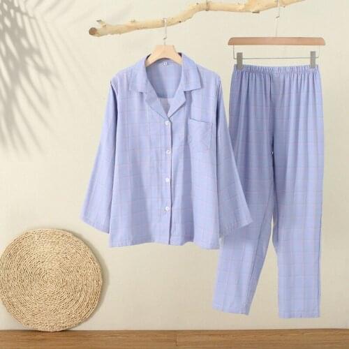 WIKISSPJS 2021 New Spring Autumn Twill Womens Pajamas Suit Plaid Womens Housewear Pajamas for Women Two Piece Set Summer