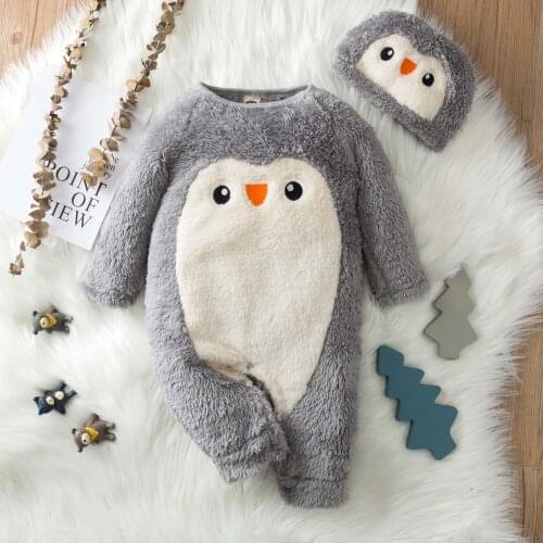 Newborn Infant Baby Boys Girls Costume Long Sleeve Plush Cartoon Penguin Printed Christmas Romper Jumpsuit +Hat Set Outfits#p4