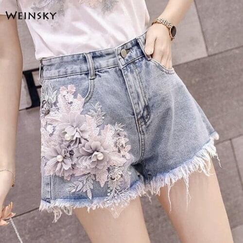 New Women Fashion Denim Shorts Summer Casual Style Appliques Stretch Jeans